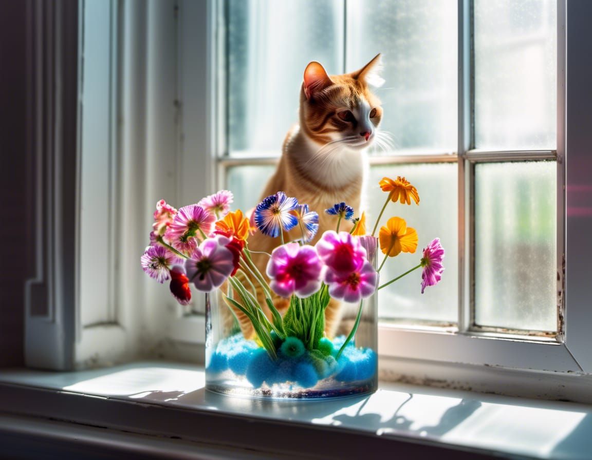 Cat Plays with Flowers in Sunlight: Photorealistic Style