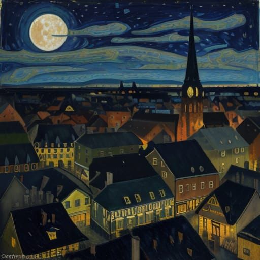 Neo-Impressionist Old Town Night Scene with Large Moon