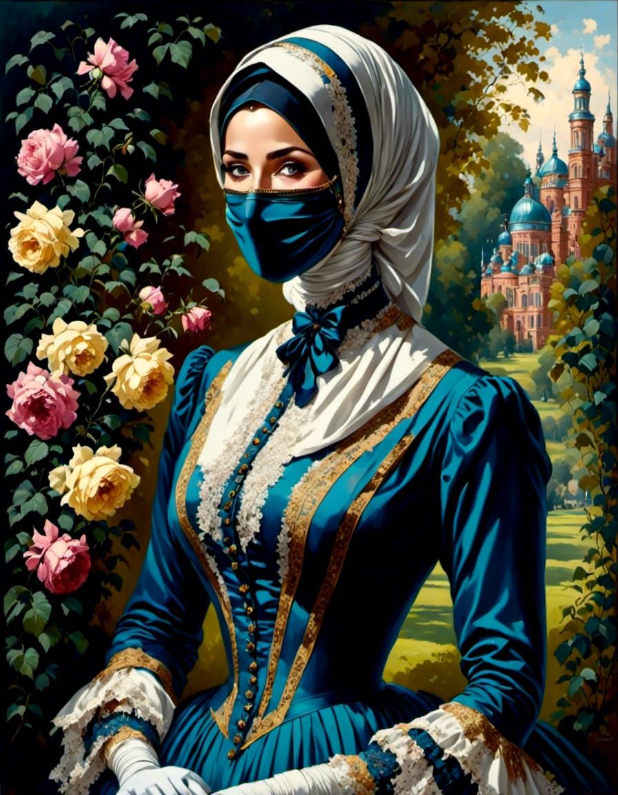 Victorian Woman in Hijab and Bonnet Oil Painting