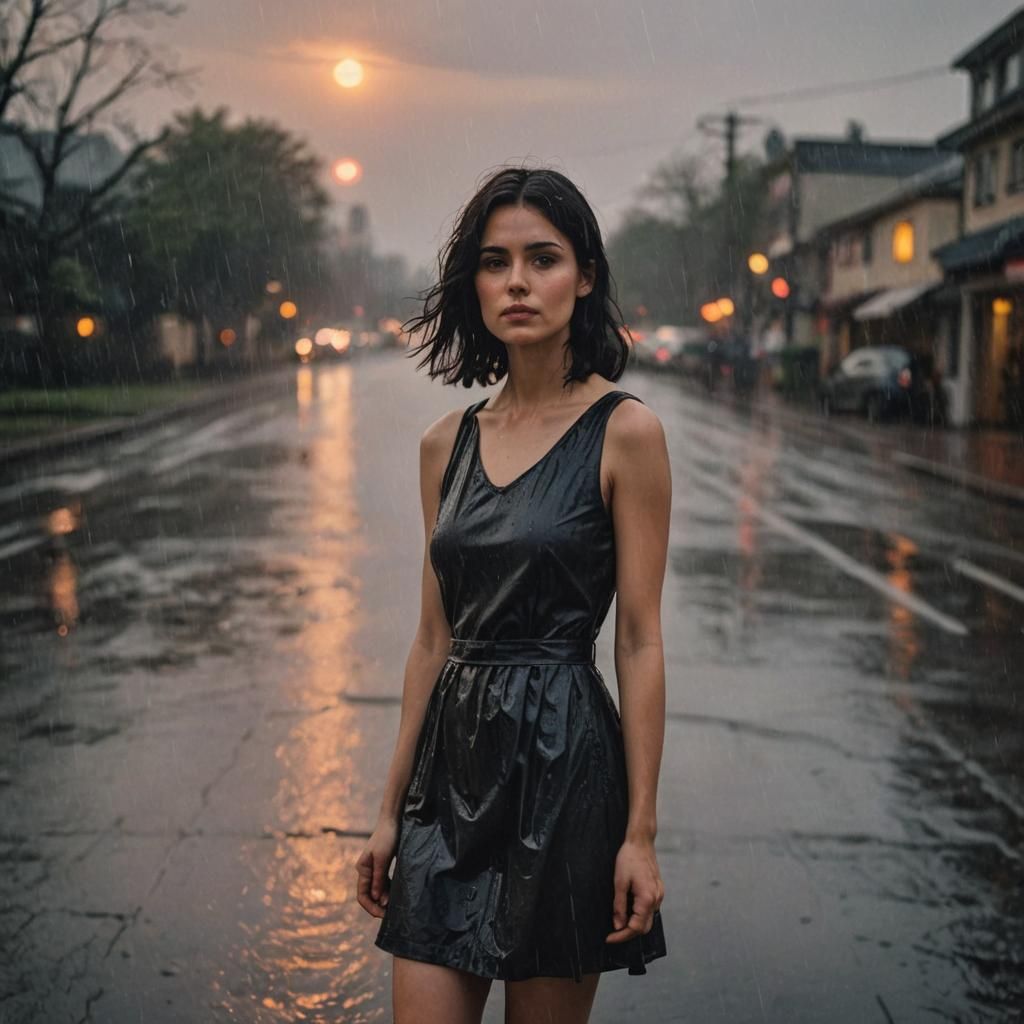 Woman in Dress on Rainy Sunset