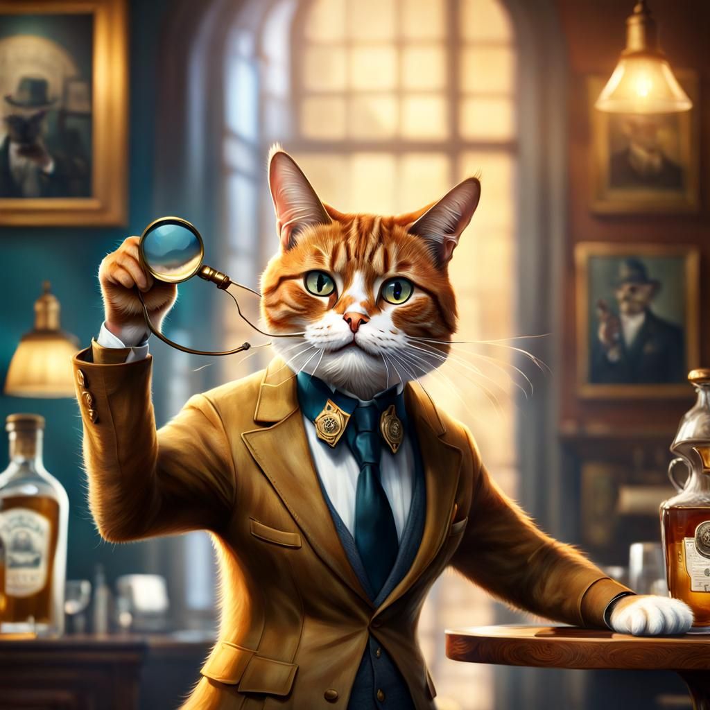 Detective Cat Investigates with Magnifying Glass: Hyperreali...