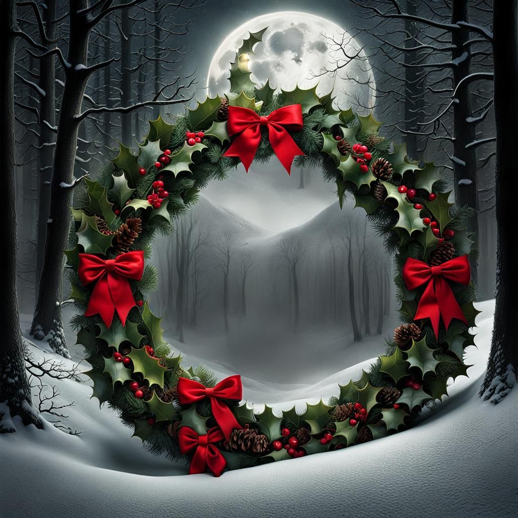 Surreal Skull Wreath with Holly and Mistletoe