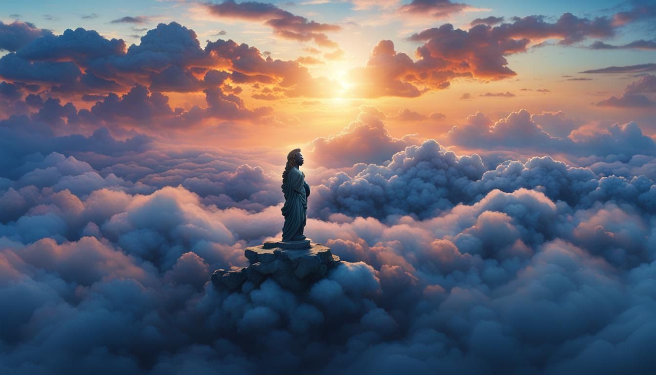Ethereal Afrocentric Statue Rising Above Clouds