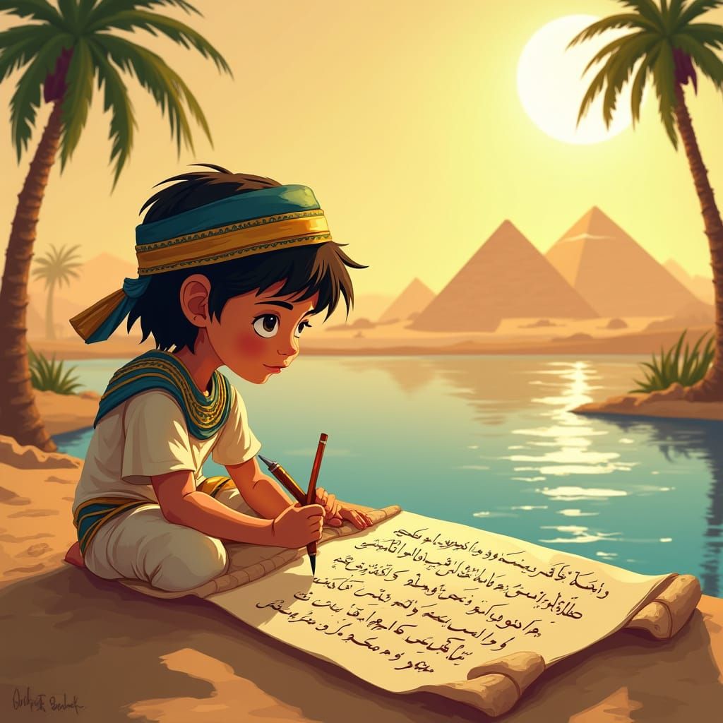 Egyptian Boy Writes on Papyrus in Animated Style
