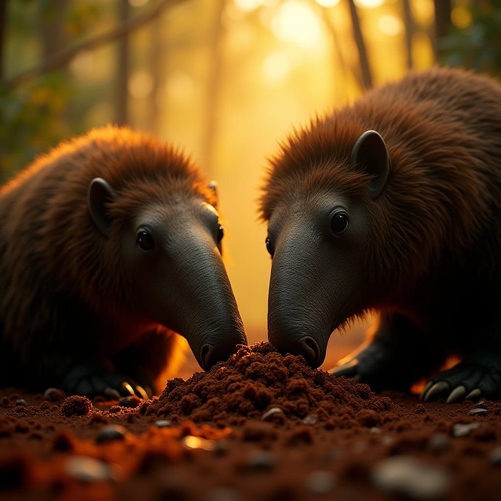 Anteaters Enjoying Chocolate Cake in Jungle, Cinematic Still