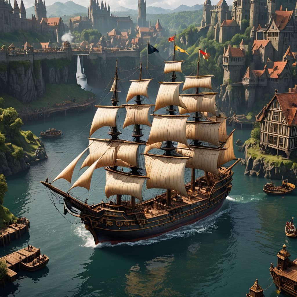 Gigantic Oar-Powered Ship in Medieval Fantasy Style