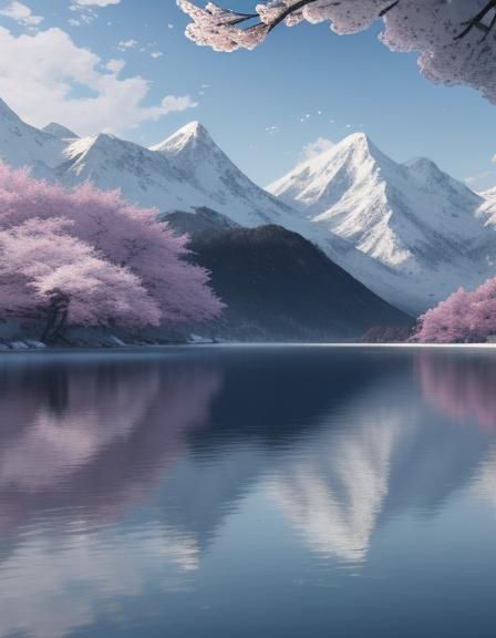 Anime Lake Scene with Cherry Blossoms