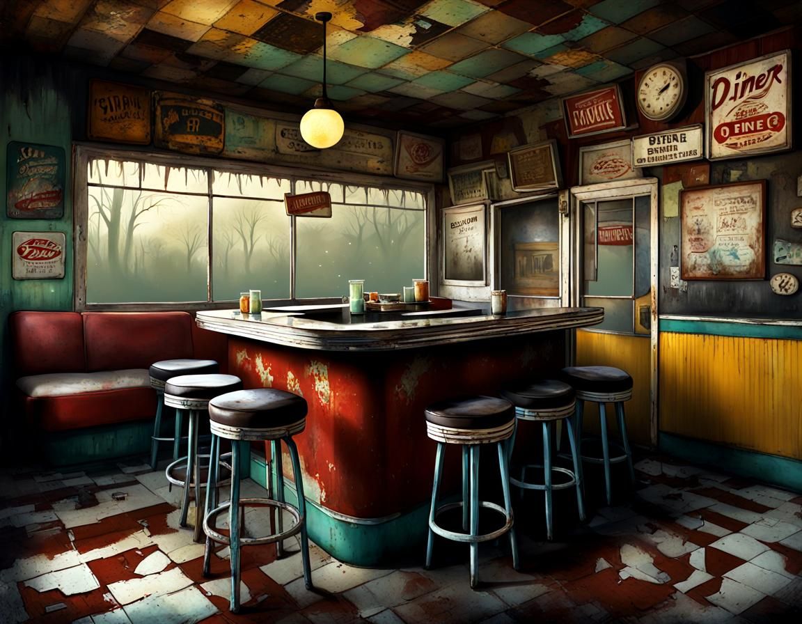 Abandoned 1950s Diner: Dark Fantasy Painting