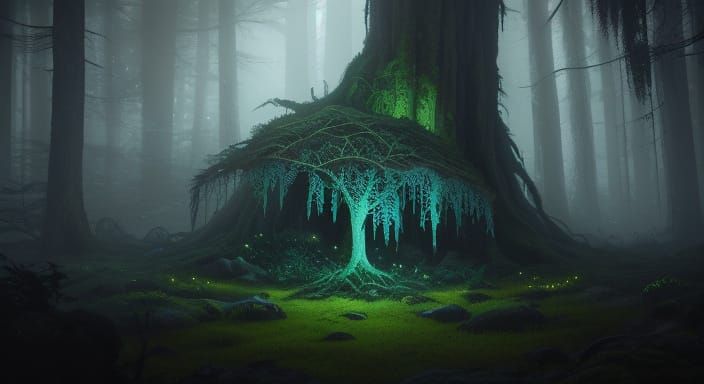Mysterious Stone in Ancient Forest Digital Painting