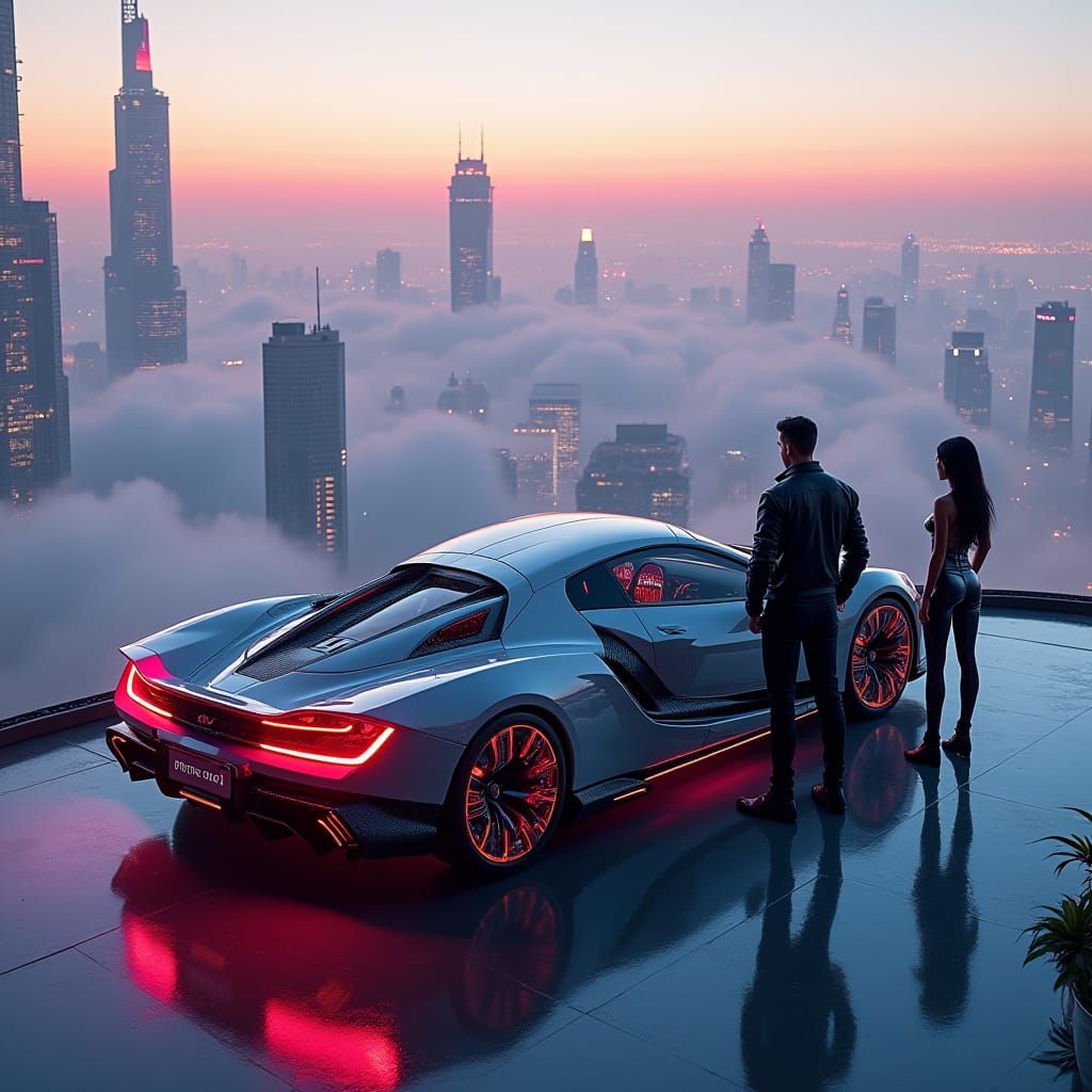 Cyberpunk Car Overlooking Dystopian Metropolis at Dusk
