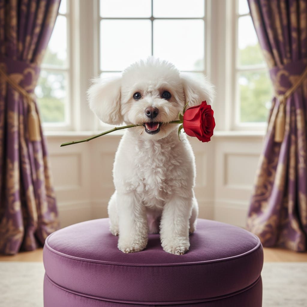 Fluffy White Poodle with Red Rose on Purple Pouf
