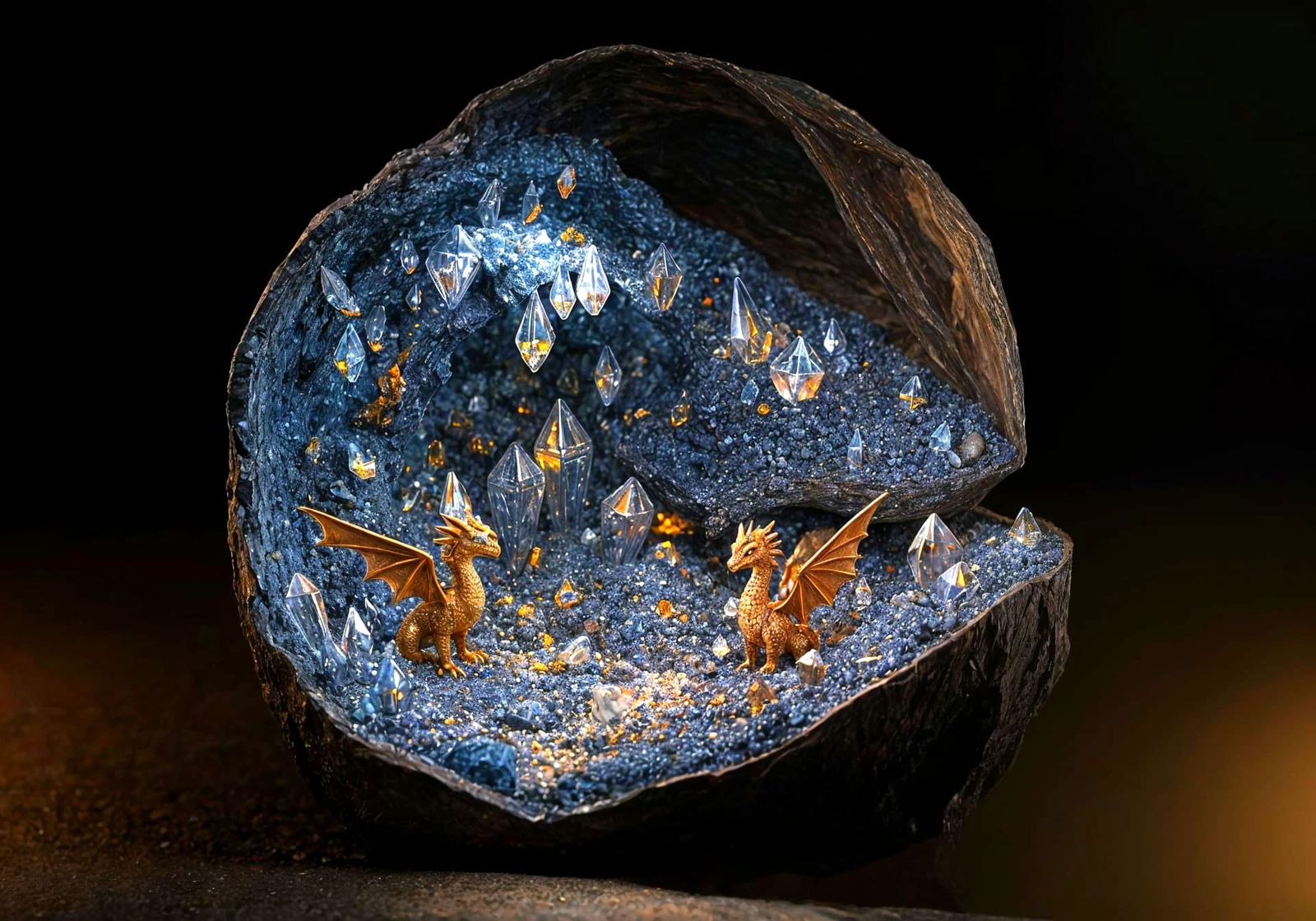 Miniature Geode Cave Scene with Dragons