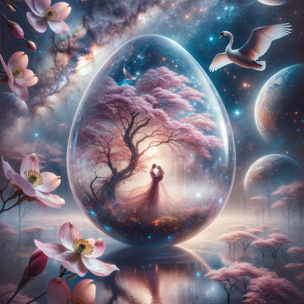 Galaxy in Glass Egg with Dogwood Blossoms