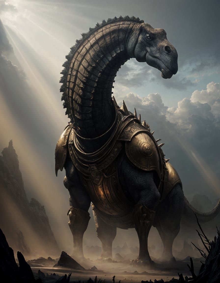 Armored Brontosaurus in Epic Horror Landscape