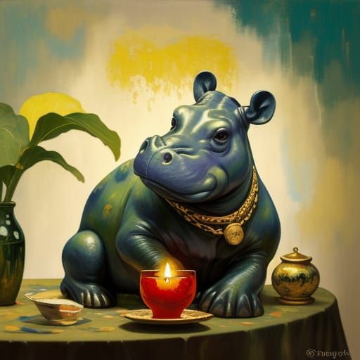 Luxurious Fortune Teller Hippopotamus in Neo-Impressionist O...
