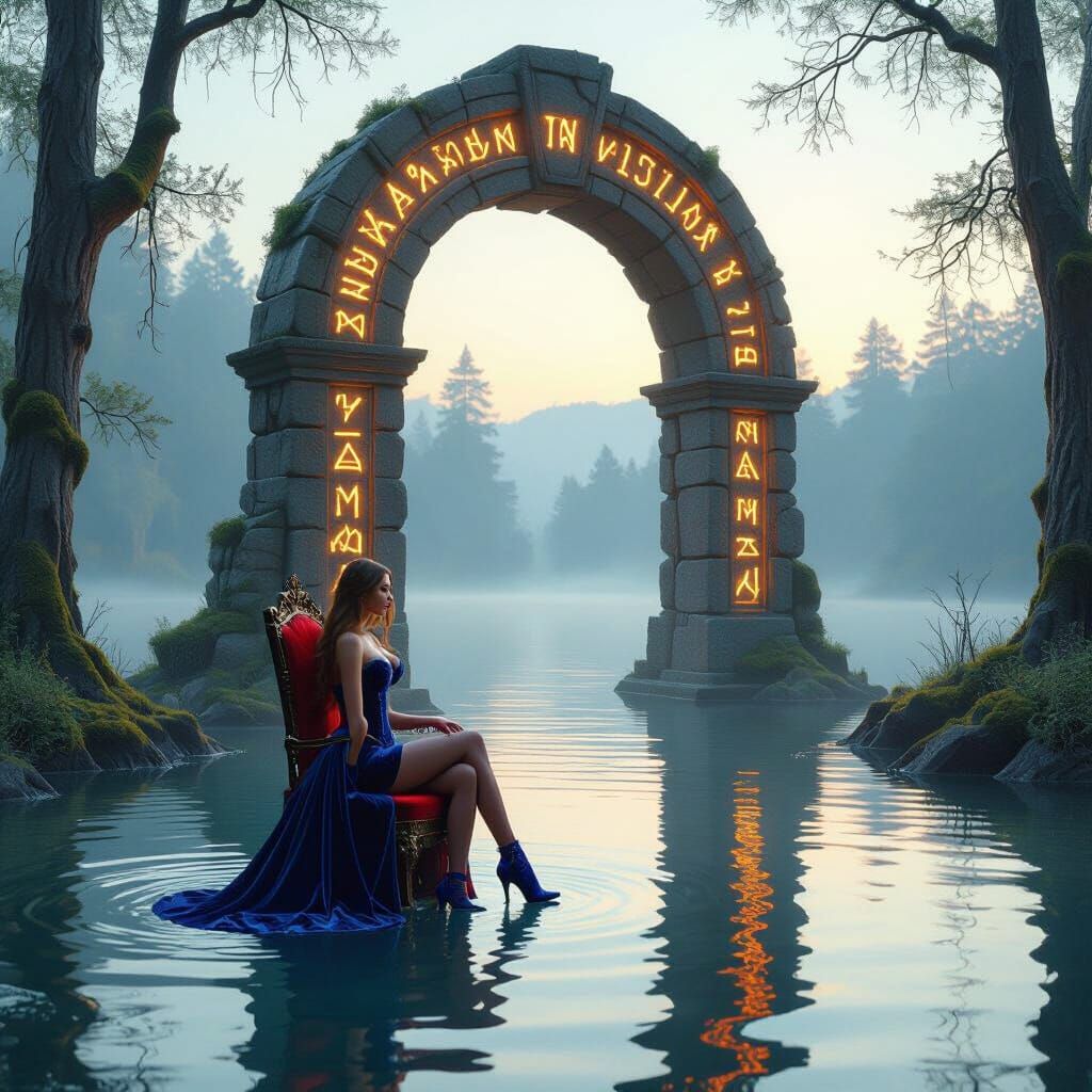 Ancient Rune Archway in Misty Lake at Dawn