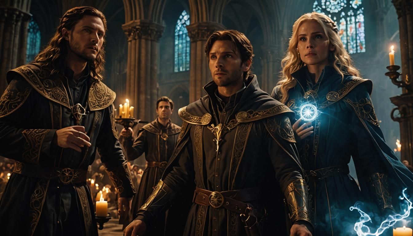 Mages Gather in Gothic Cathedral with Magic