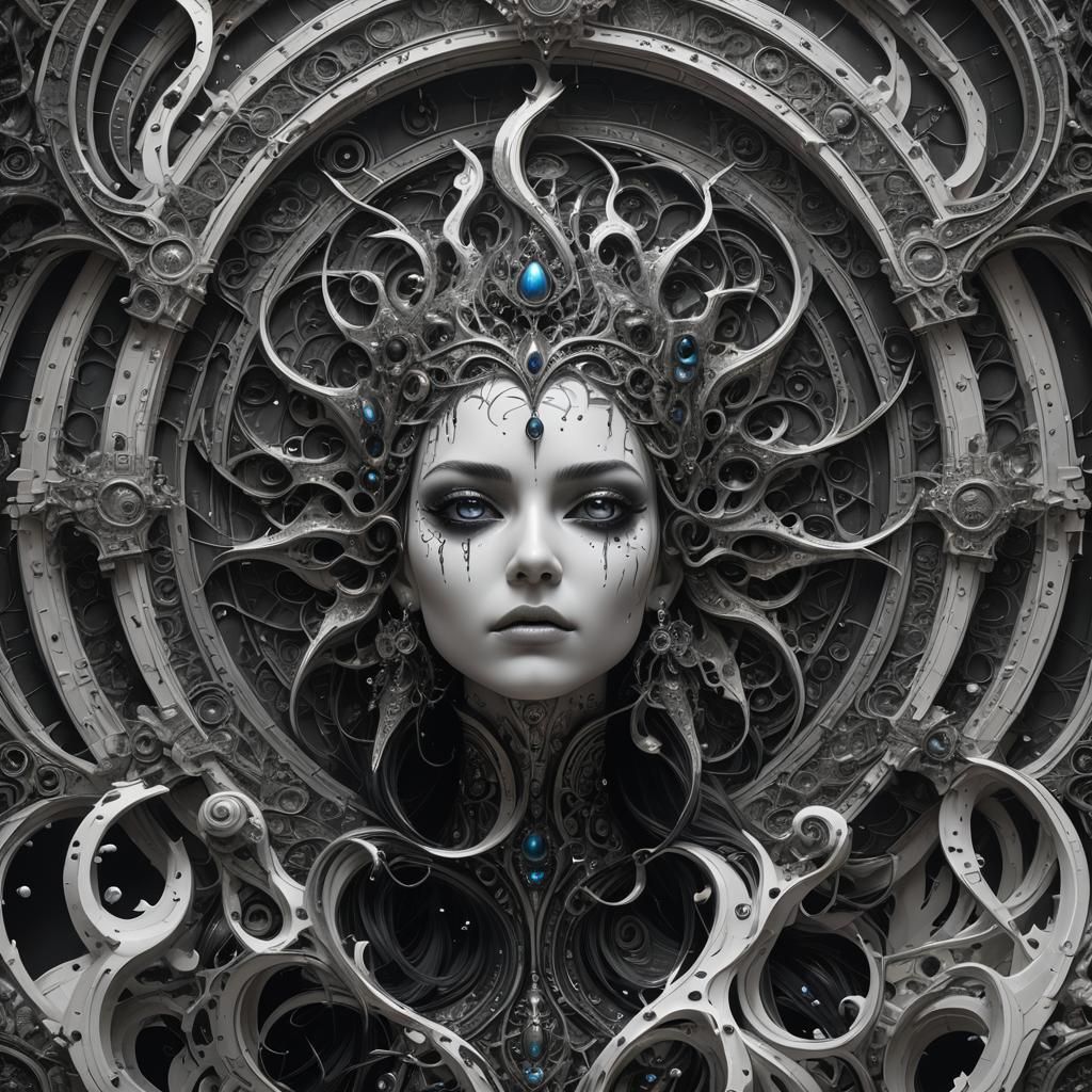 Monochrome Space Spiral with Eyes and Woman Silhouette