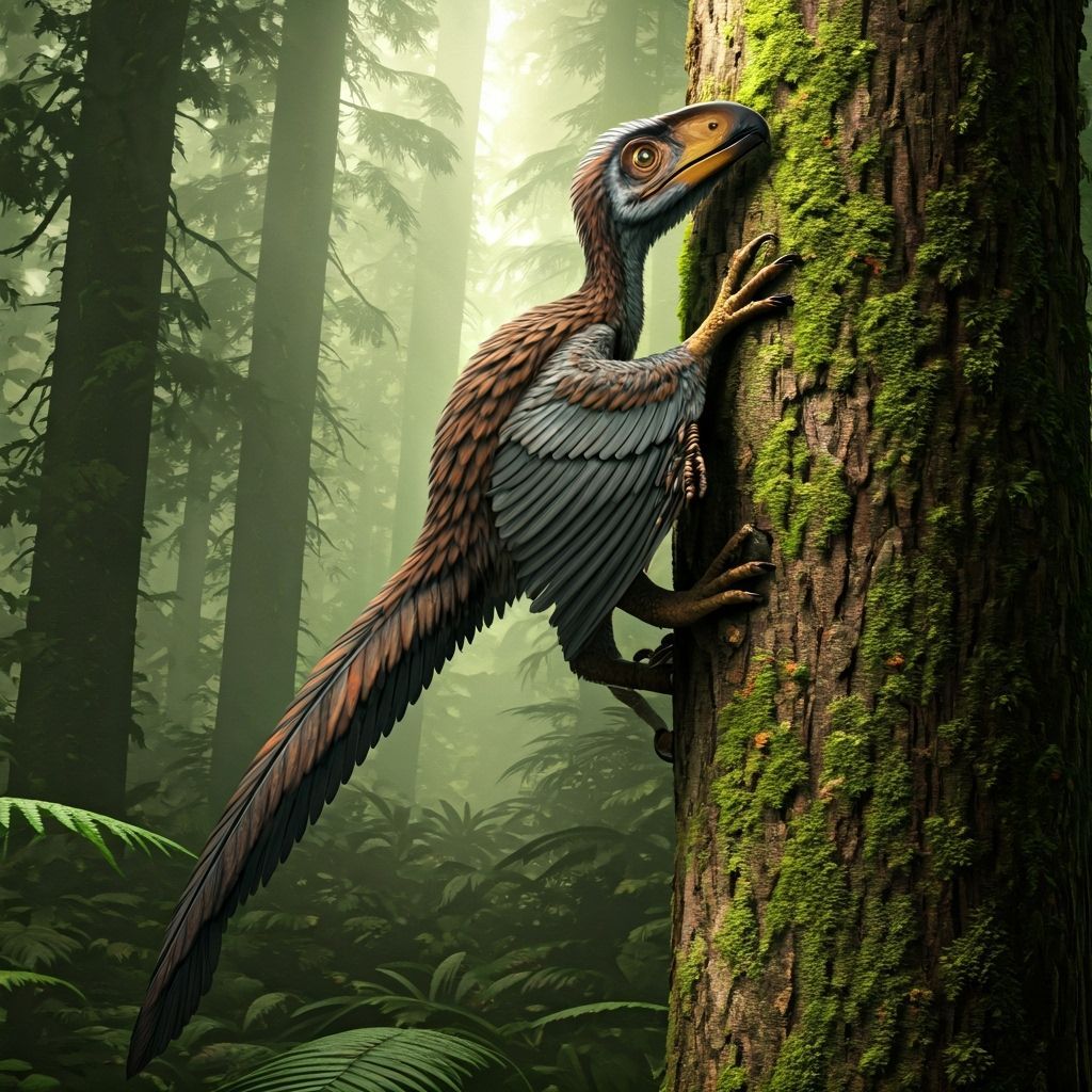 Archaeopteryx Climbing Tree in Dense Forest