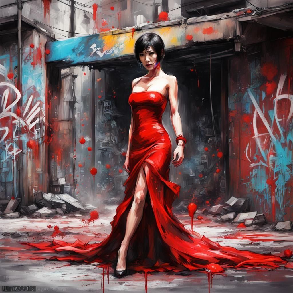 Ada Wong in Red Dress: Graffiti Art Style