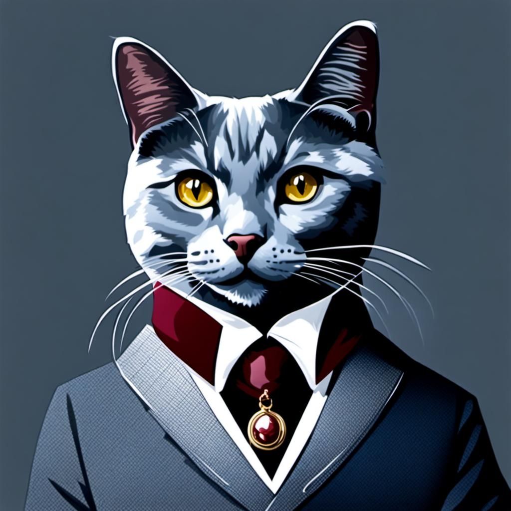 A grey , sophisticated, bougie, cat with a burgundy silk collar.