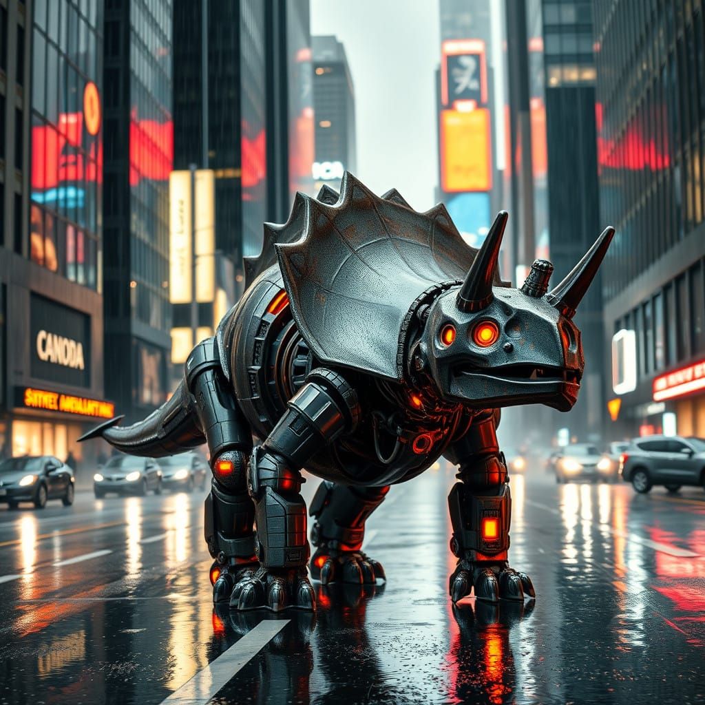Cybernetic Triceratops Dominates Futuristic Cityscape