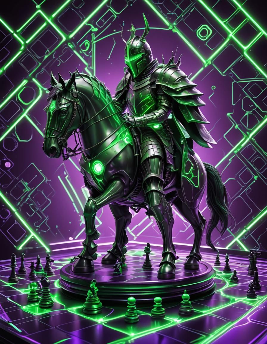 Futuristic Neon Chess Knight on Cyberpunk Board