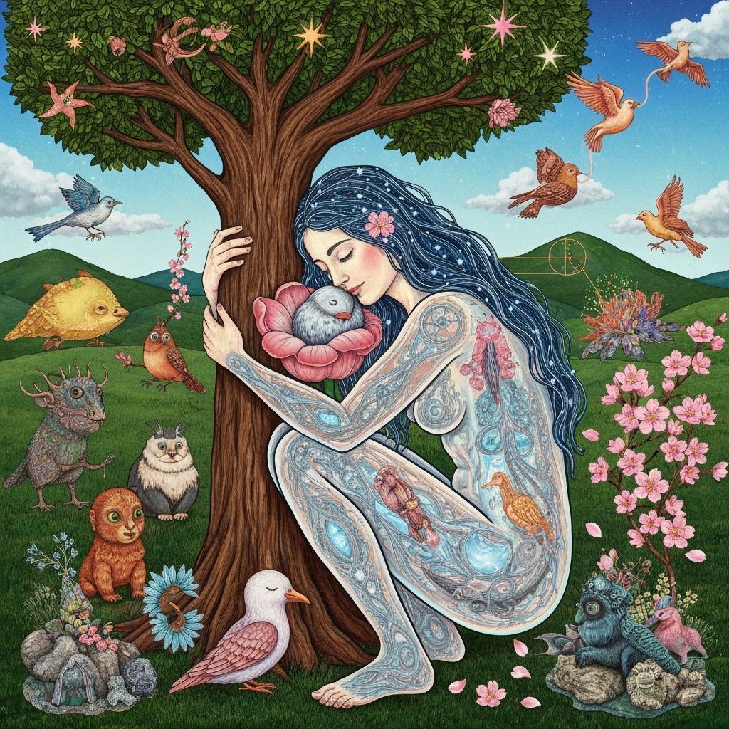 Woman Embracing Tree in Bioluminescent Collage Art