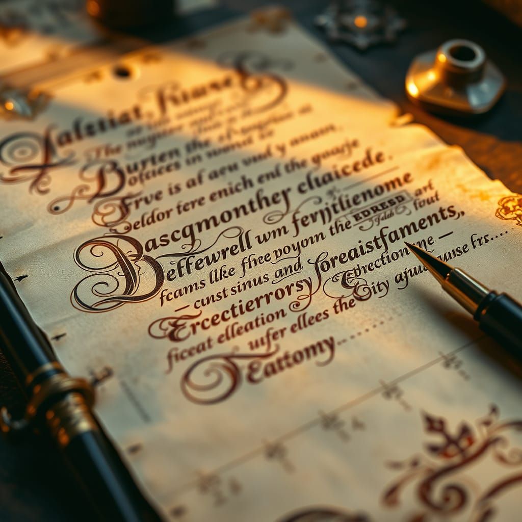 Vintage Autography on Aged Parchment, Illuminated Manuscript...