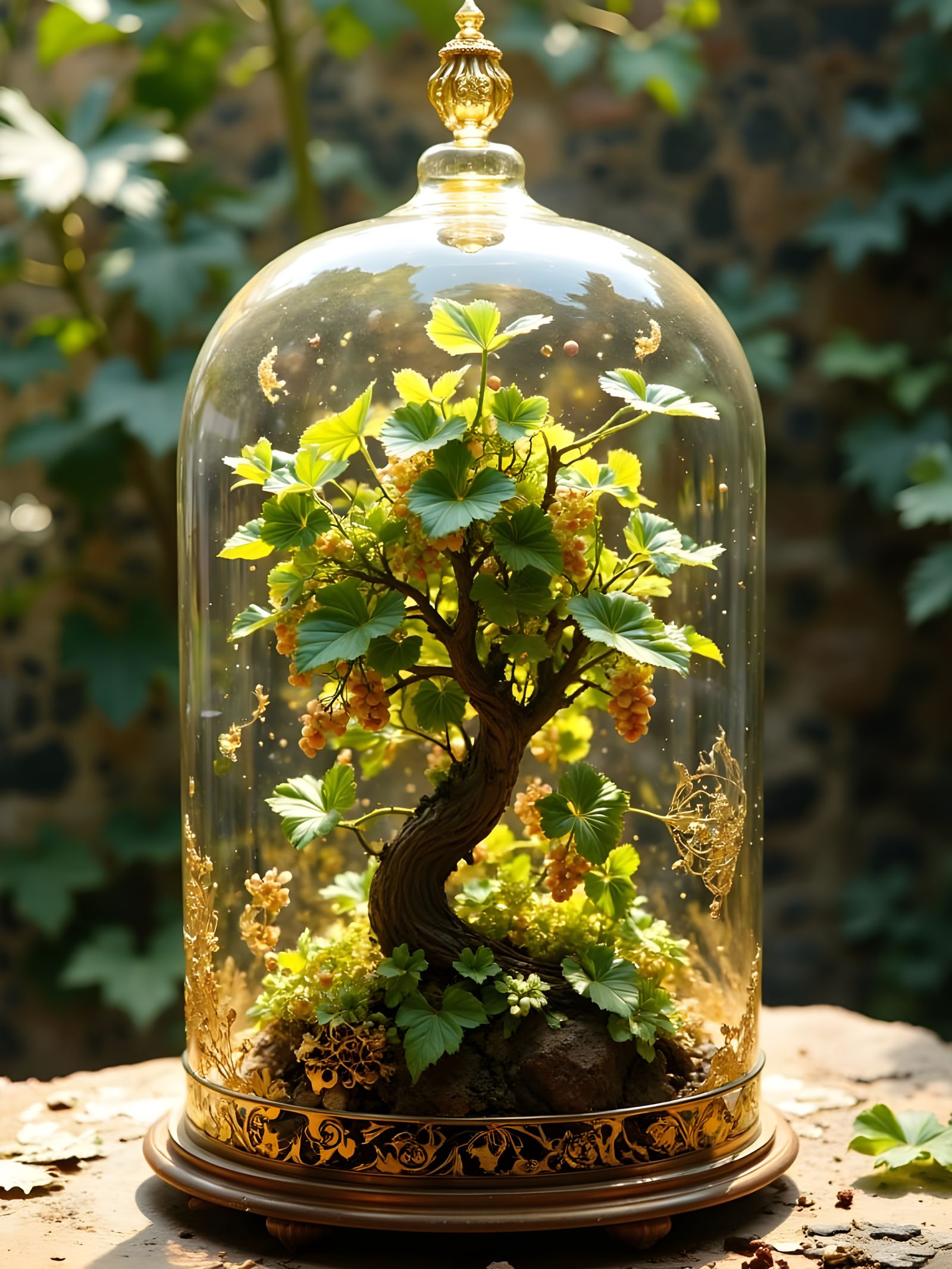 Ethereal Glass Cloche with Golden Grape Vine Tree