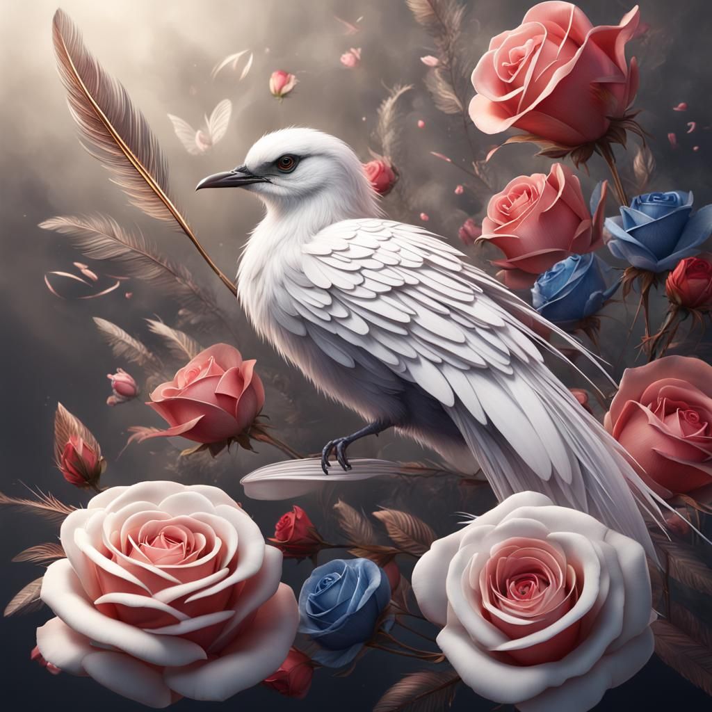 Art Deco White Bird with Roses and Heart Smoke