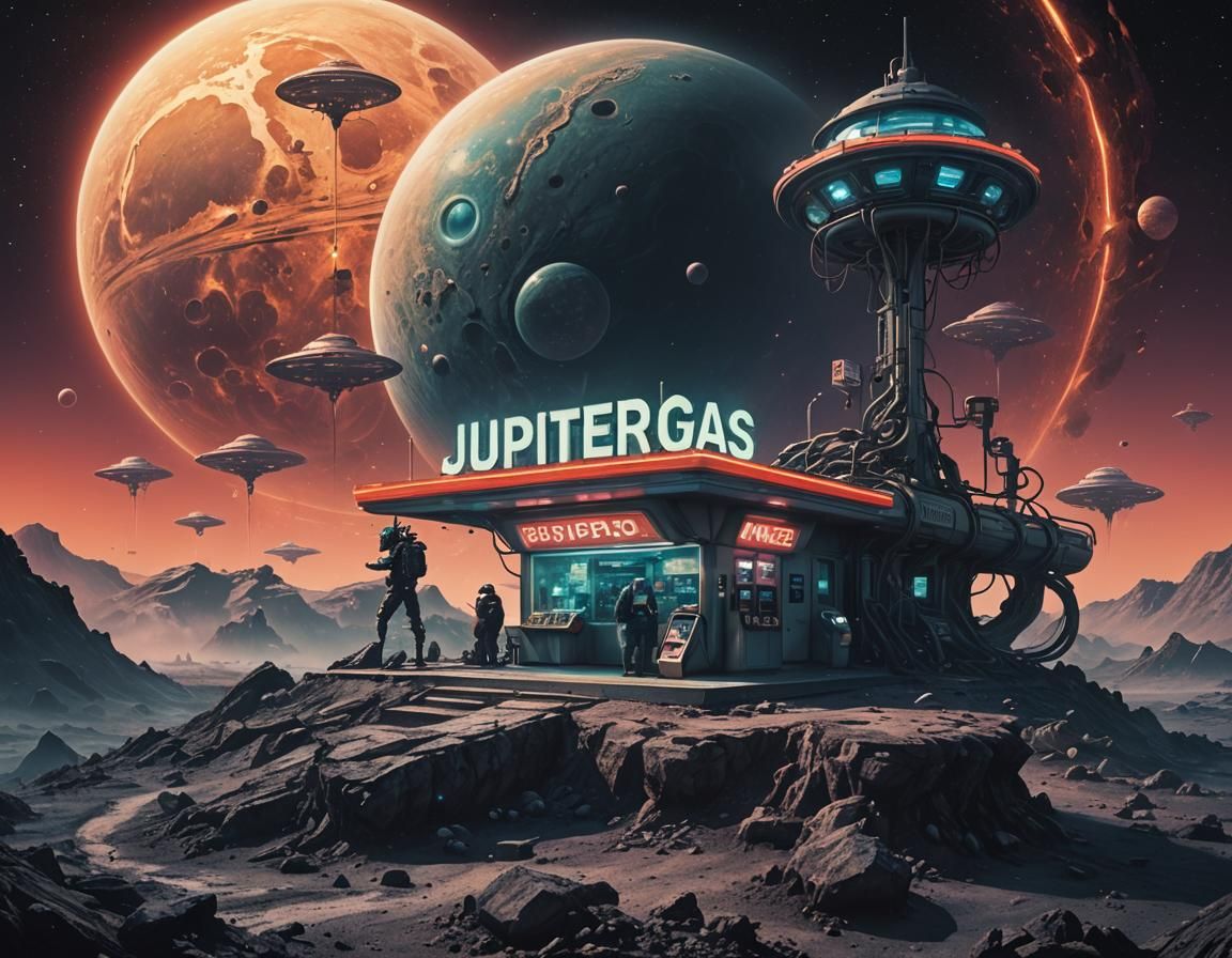 Cyberpunk Alien Gas Station on Asteroid in Double Exposure