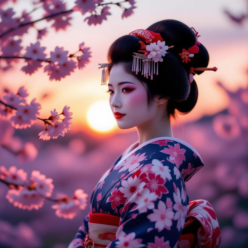 Geisha Silhouette Double Exposure at Sunrise