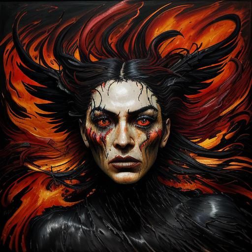 Winged Demoness Dances in Hellfire: Expressionist Oil Painti...