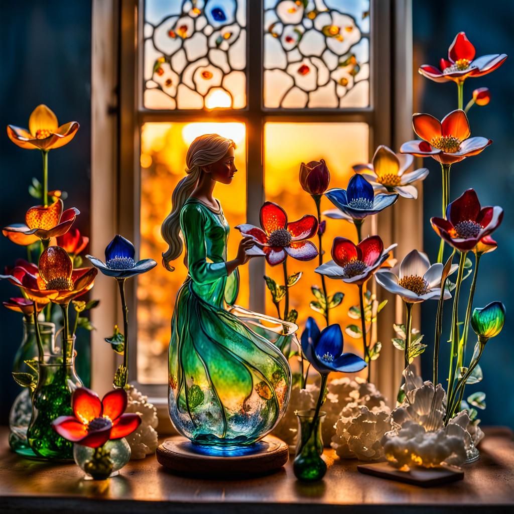 Enameled Glass Flowers and Elf Figurine