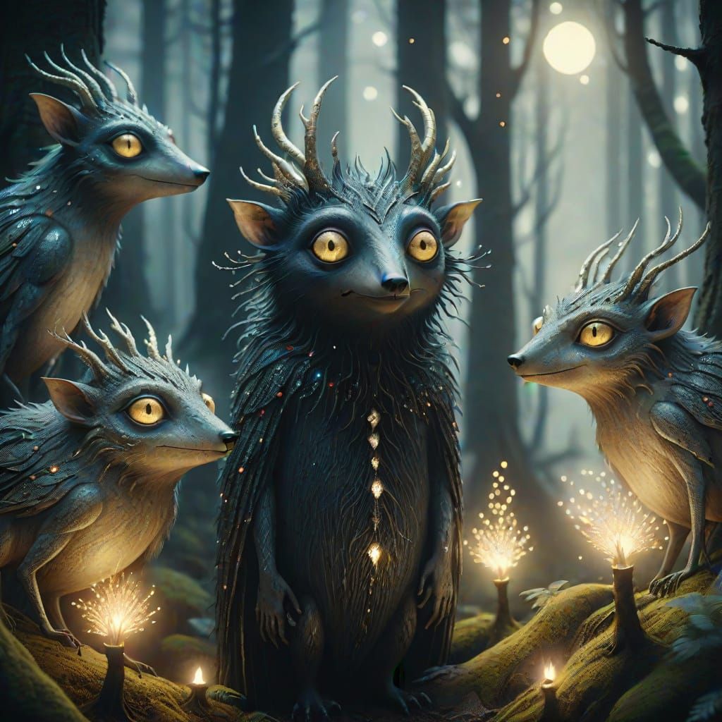 Mysterious Forest Creatures in Dark Fantasy Style