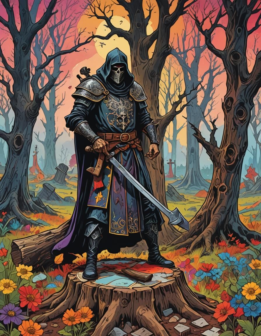 Tarot Card: The Executioner in Hellish Landscape