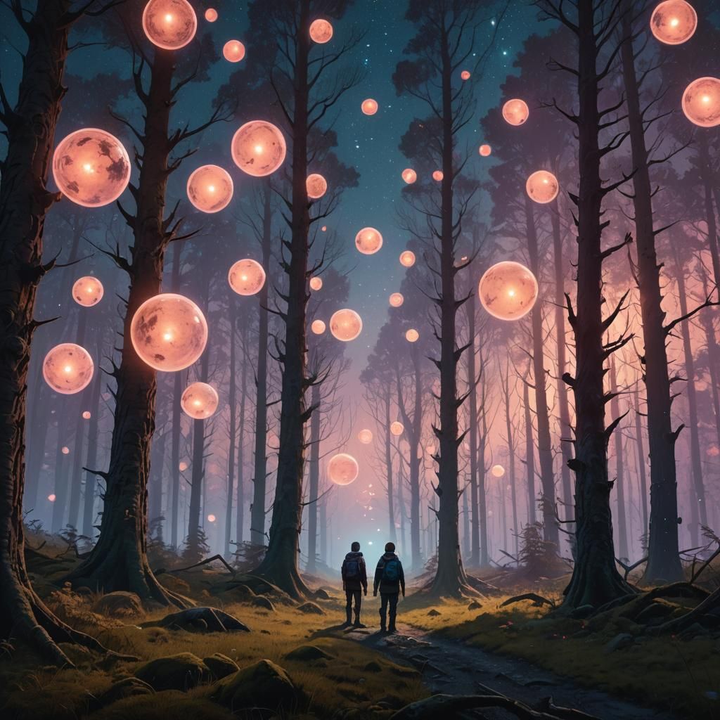 Mystical Forest Clearing with Glowing Orbs