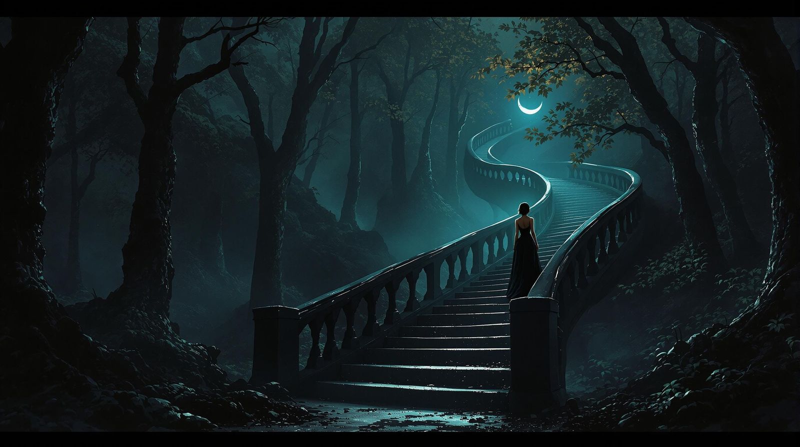 Surrealist Woman Lost in Dark, Misty Forest Staircase