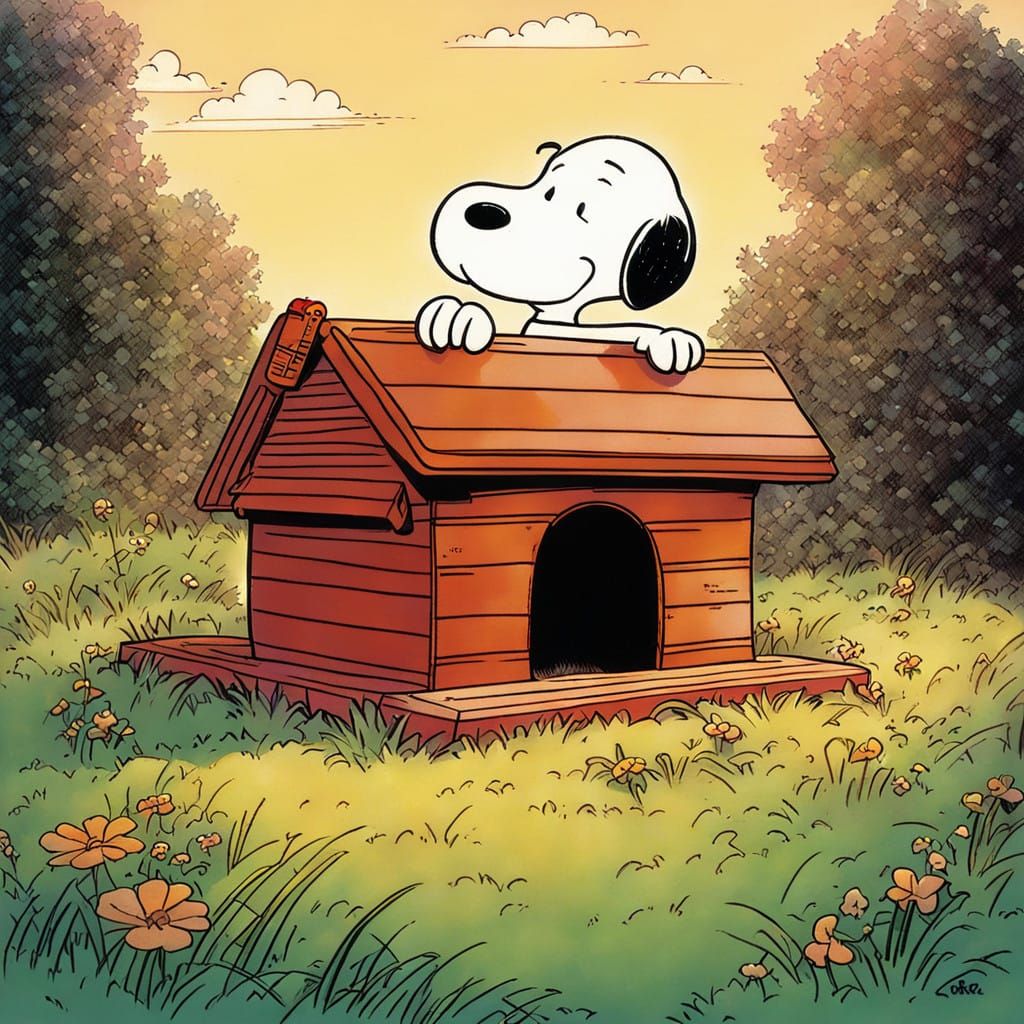 Snoopy Basks in the Sun on His Doghouse