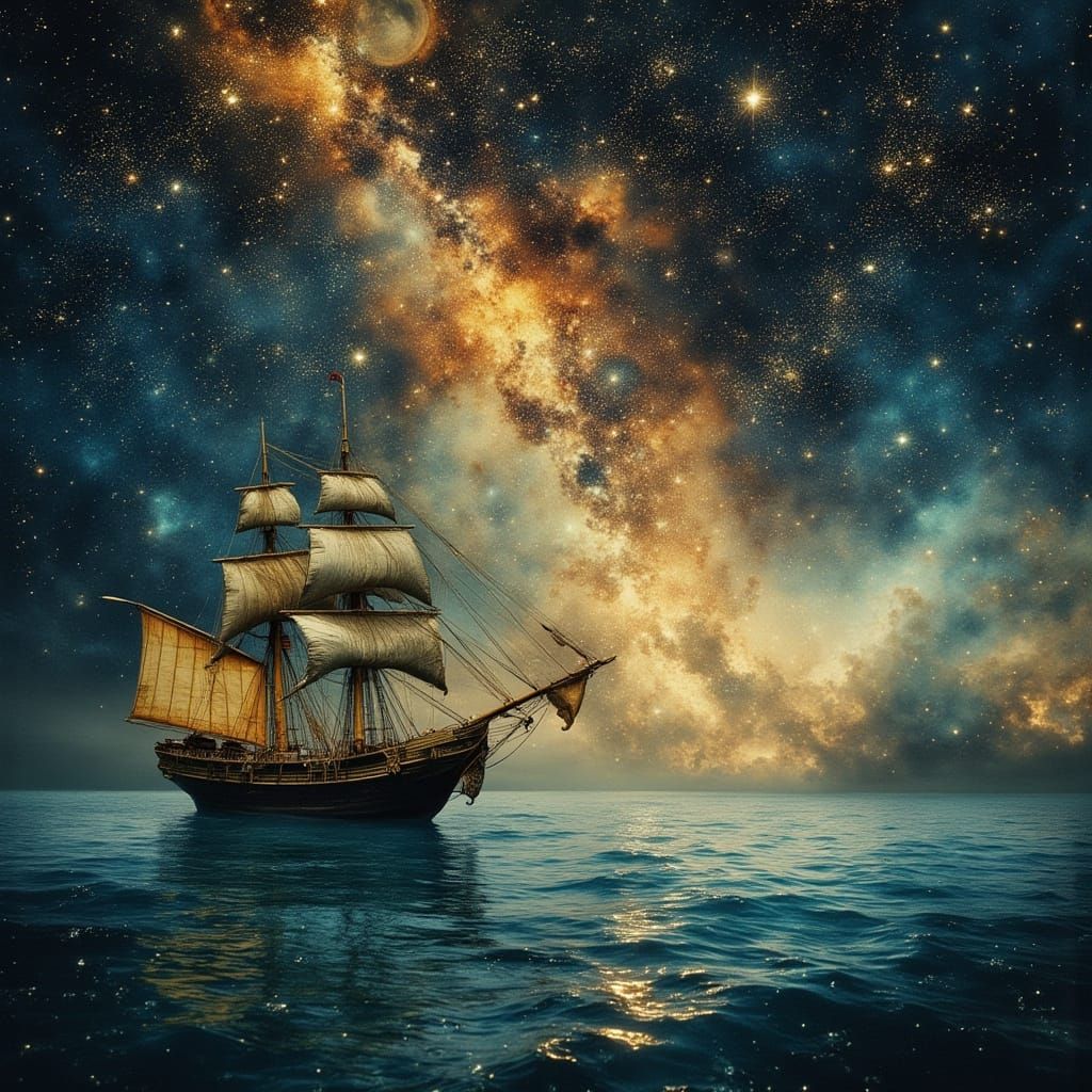 Ethereal Sailing Ship Navigates Celestial River in Dreamy, H...