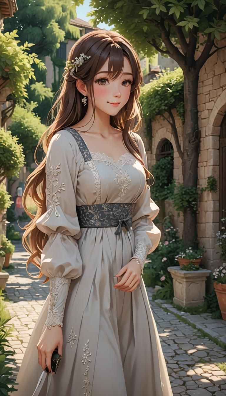 Elegant Anime Girl in Italian Garden, 3D Art