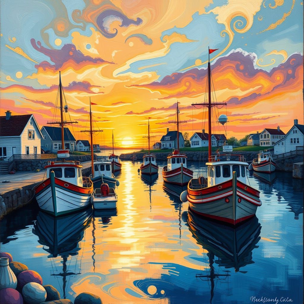 Sunrise Harbor Scene in Gouache Wonderland Style