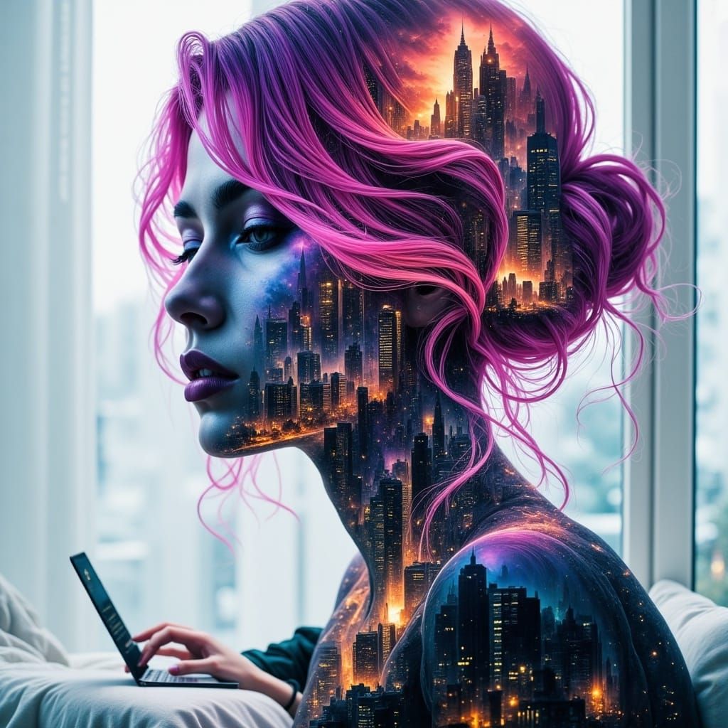 Woman with Laptop: Abstract Surreal Double Exposure