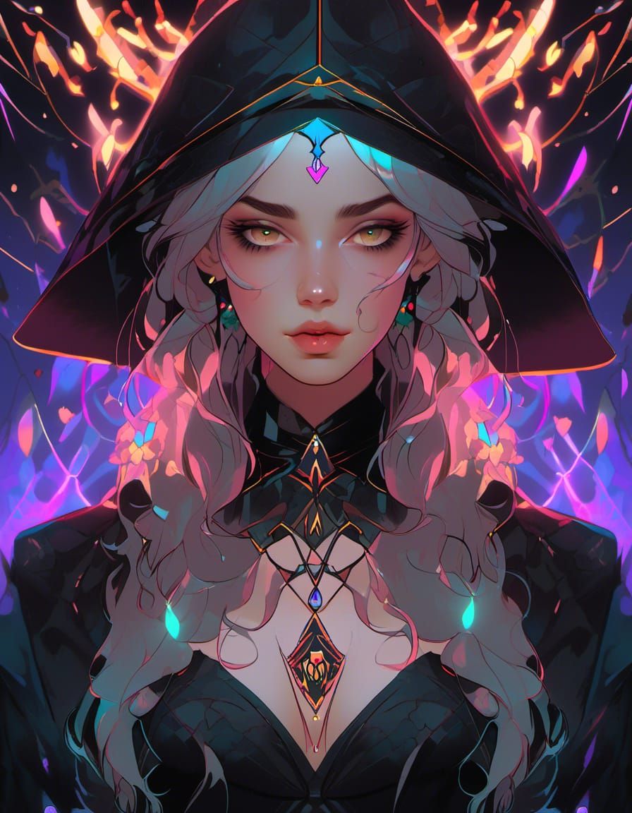 Gothic Female Wizard Portrait in Watercolor Line Art