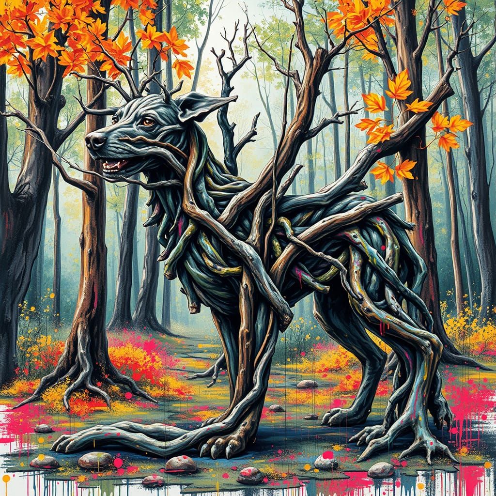Dog Made of Trees in Graffiti Art Style