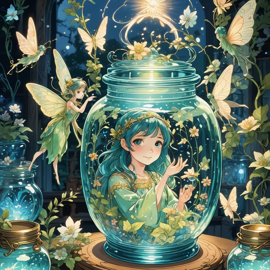 Anime Cel-Shaded Fairy in Ornate Jar