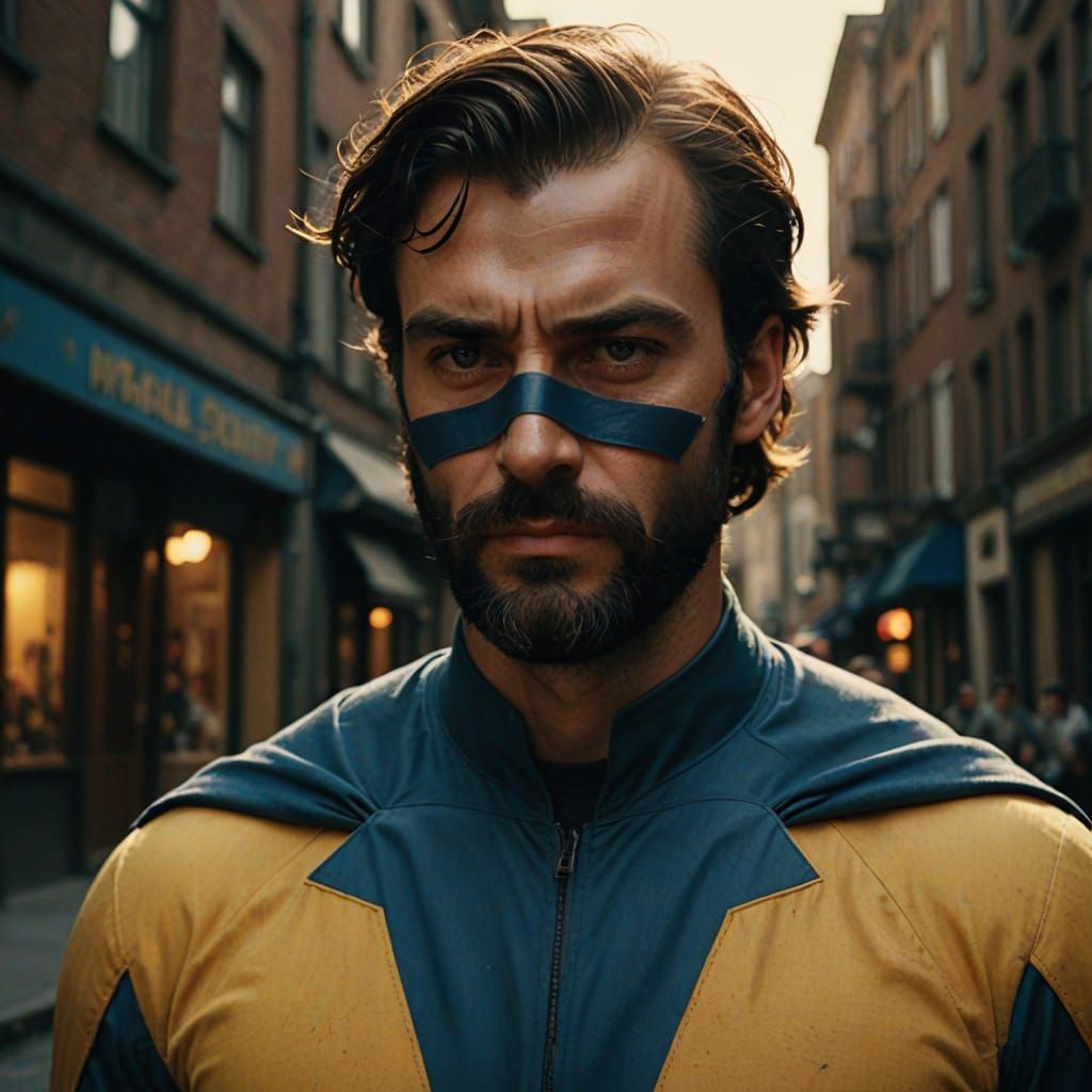 Epic 1940s English Superhero in Cinematic Film Still
