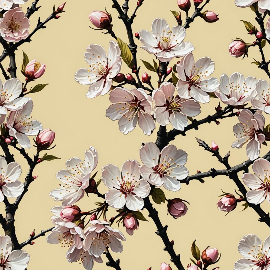 Hyperrealistic Cherry Blossoms on Pale Yellow