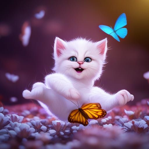 Cartoon Kitten Playing with Butterfly